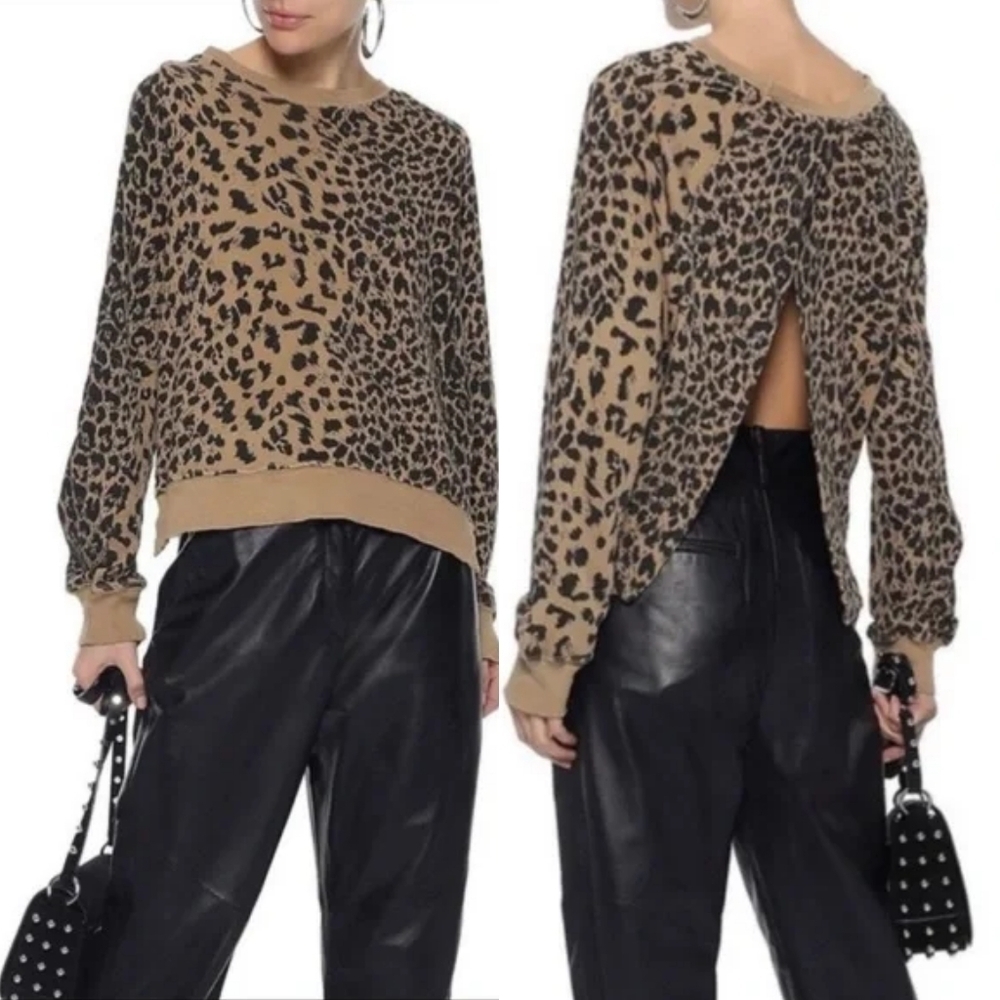 HTF Current Elliott Black Khaki Leopard Print Wide Neck Open Back Sweater 3/L